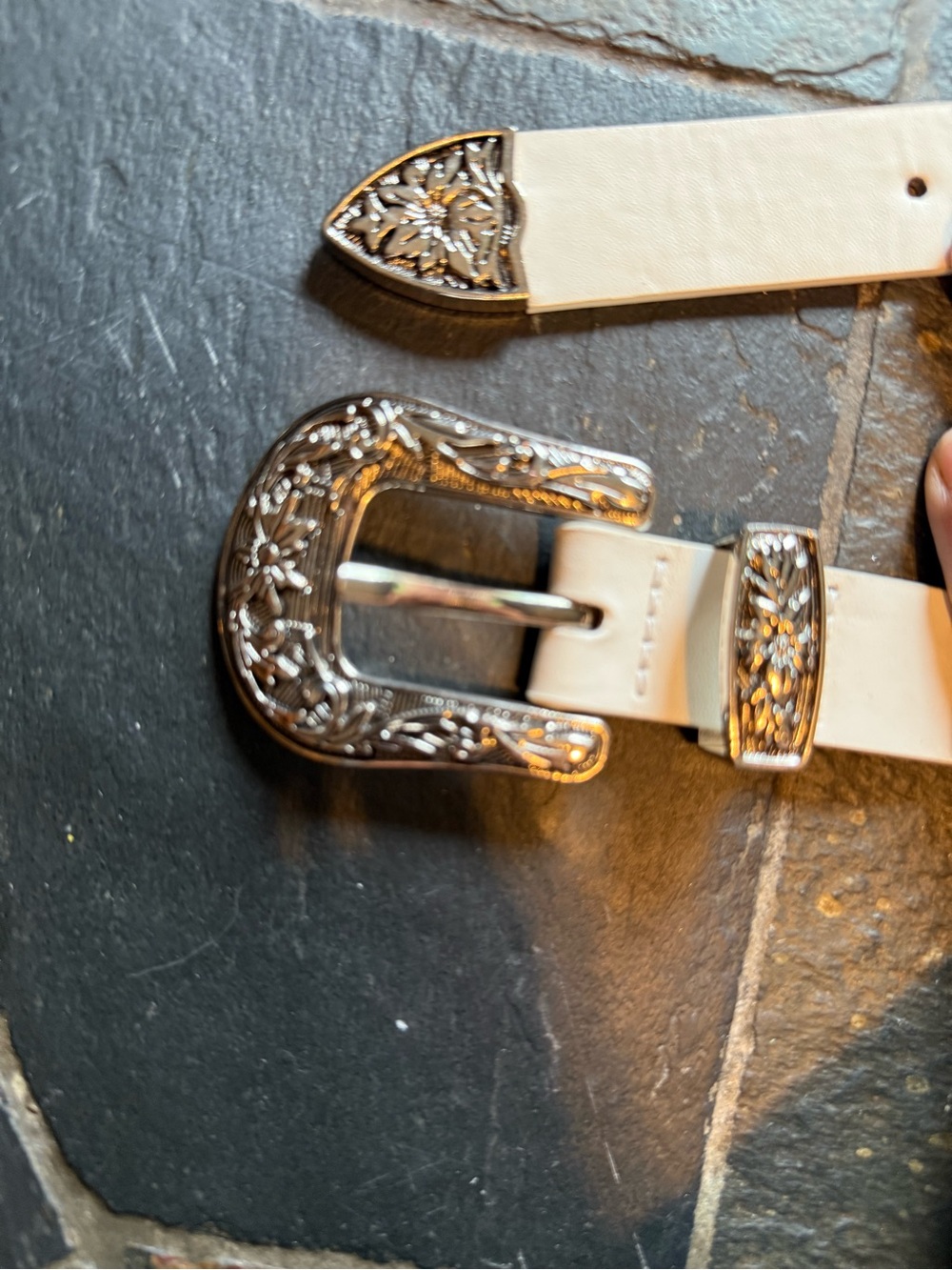 White Leather Western-Style Belt with Floral Silver Buckle